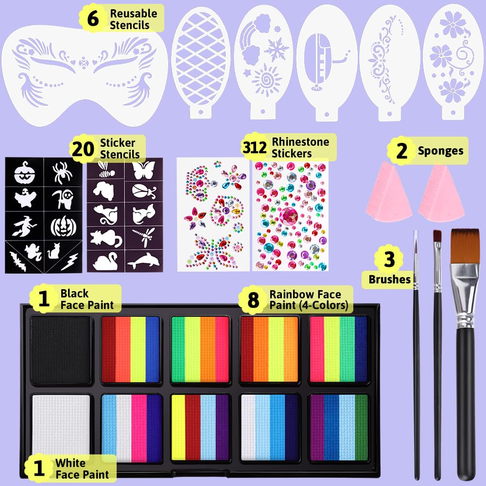 Janolia Rainbow UV Face Paint Kit – Water-Activated Split Cake for Kids’ Halloween, Carnival & Easter