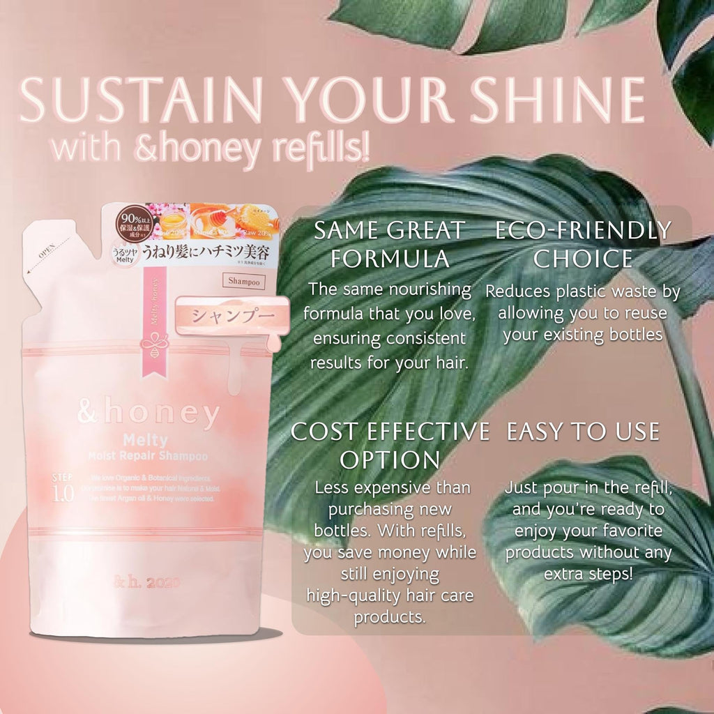 Honey Melty Moist Repair Shampoo & Conditioner Refill Set (350 mL) | Deep Hydration for Wavy, Curly, Kinky Hair | Eco-Friendly Refill Pouch