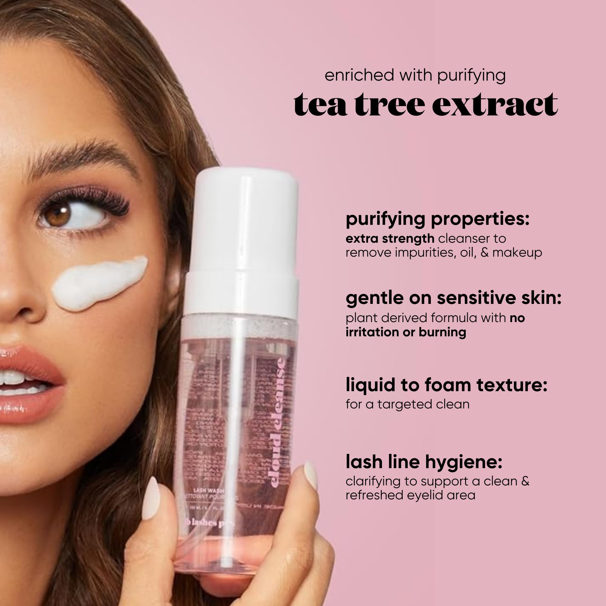 JB LASHES Gentle Eyelash Extension Lash Shampoo with Tea Tree – Aloe, Oil-Free Foaming Cleanser, 5.1 oz / 150 ml