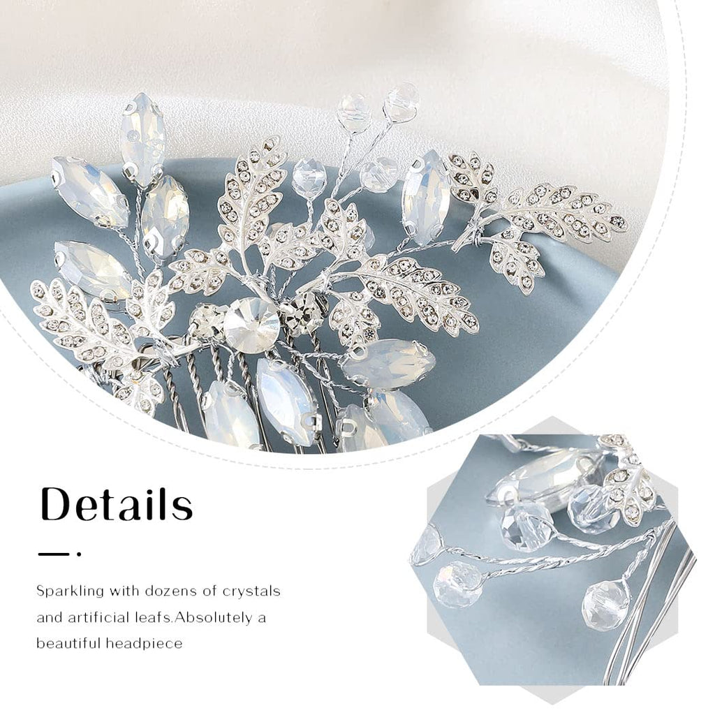 JEAIRTS Leaf Wedding Hair Comb – Rhinestone & Opal Bridal Headpiece (Silver)
