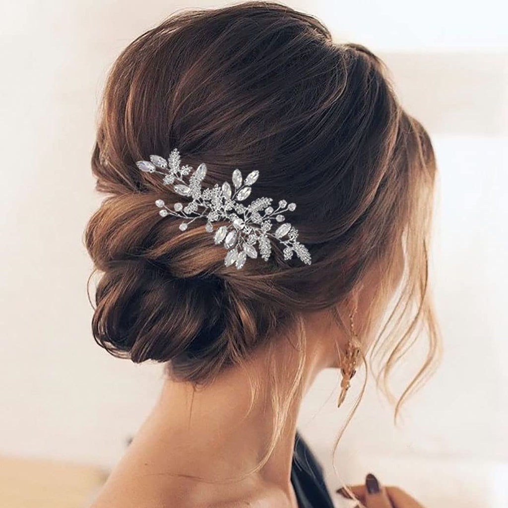 JEAIRTS Leaf Wedding Hair Comb – Rhinestone & Opal Bridal Headpiece (Silver)