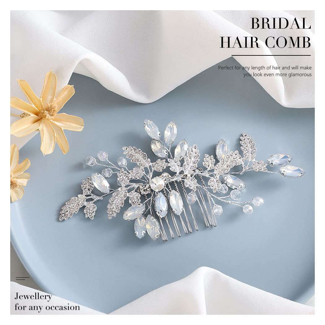 JEAIRTS Leaf Wedding Hair Comb – Rhinestone & Opal Bridal Headpiece (Silver)