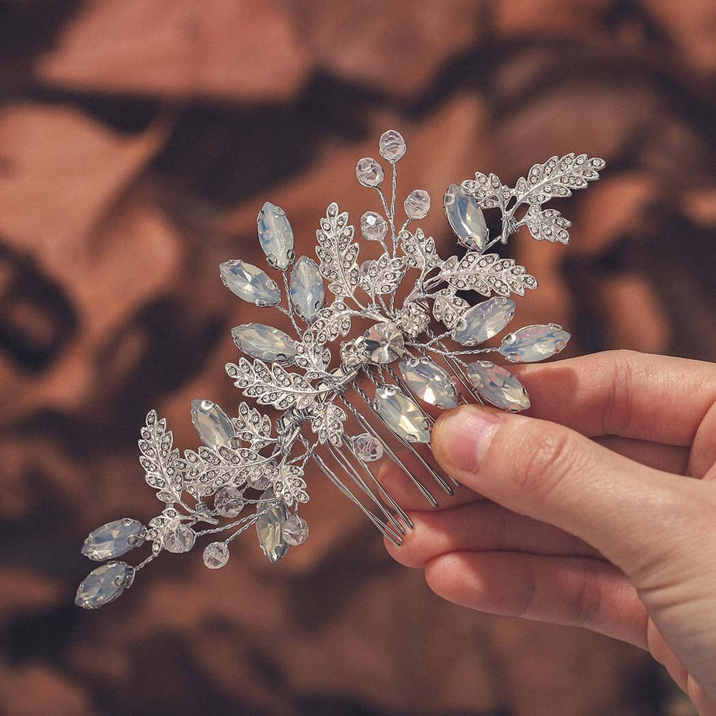 JEAIRTS Leaf Wedding Hair Comb – Rhinestone & Opal Bridal Headpiece (Silver)