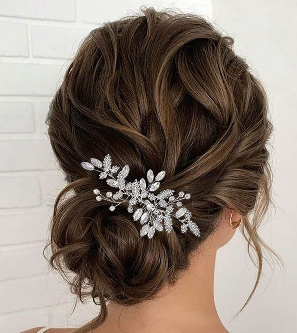 JEAIRTS Leaf Wedding Hair Comb – Rhinestone & Opal Bridal Headpiece (Silver)