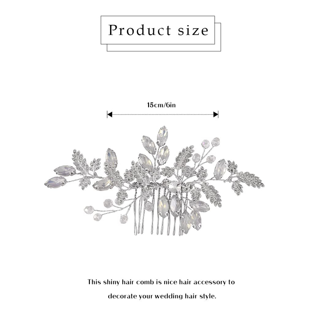 JEAIRTS Leaf Wedding Hair Comb – Rhinestone & Opal Bridal Headpiece (Silver)