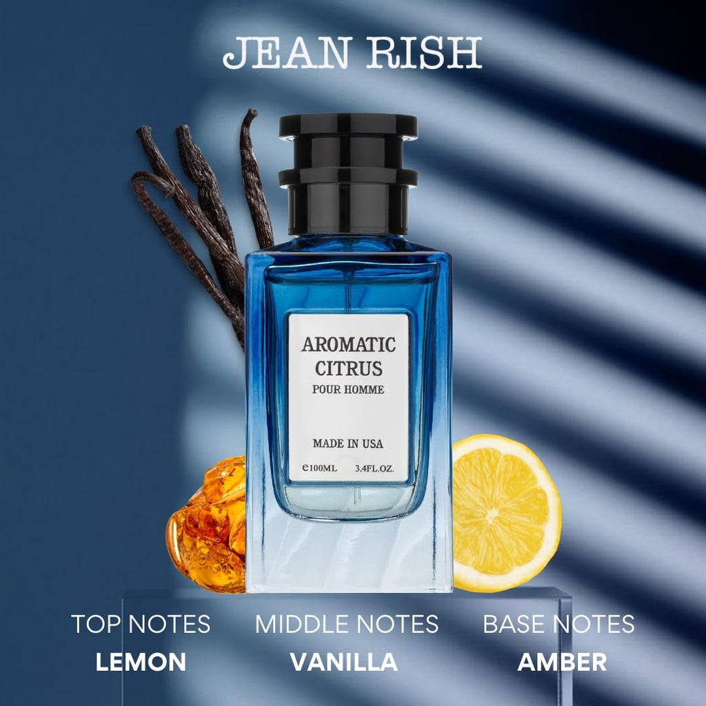 Jean Rish Aromatic Citrus Eau de Parfum for Men – Lemon, Vanilla & Amber, 3.4 fl oz / 100 ml, Made in USA