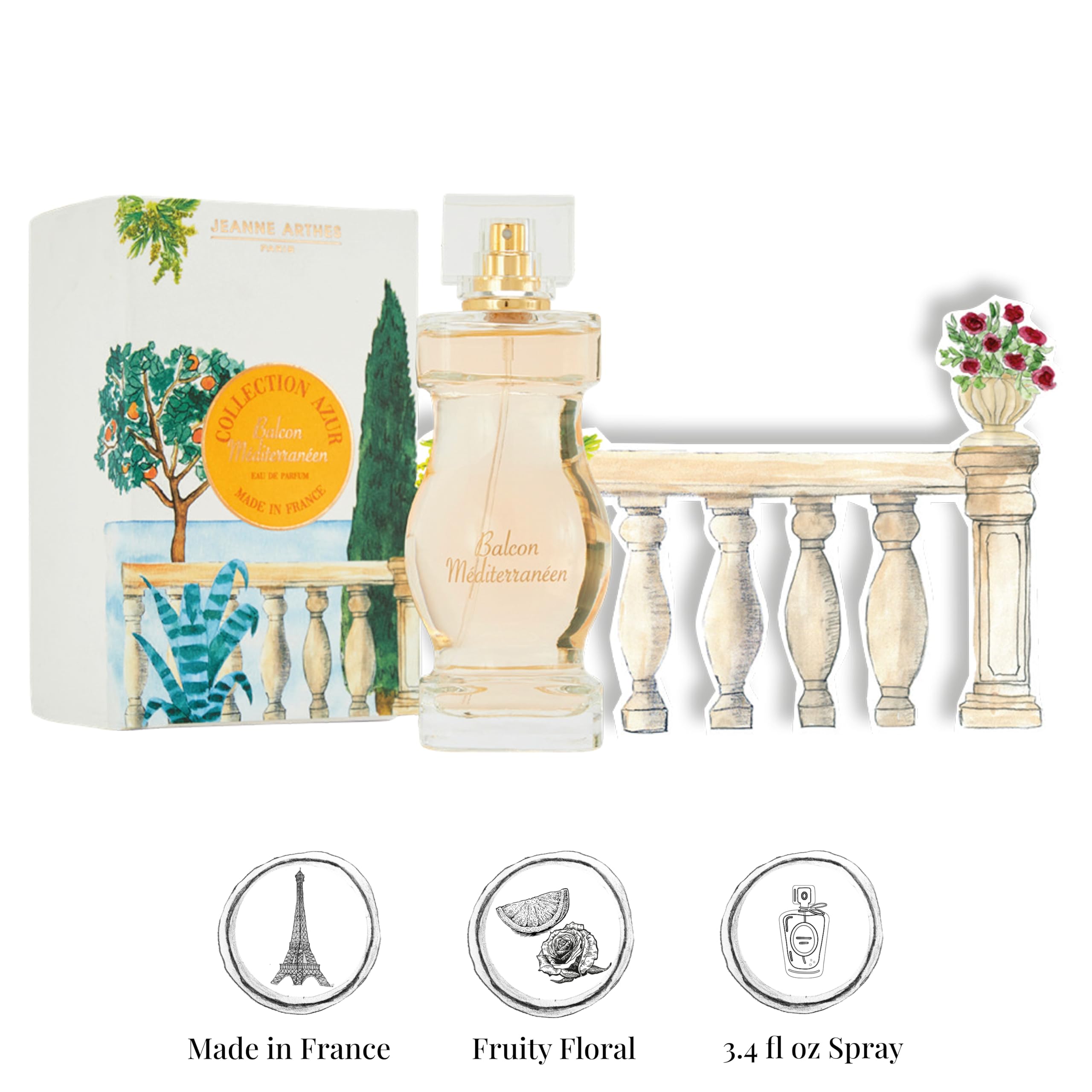 Jeanne Arthes Balcon Mediterraneen Eau de Parfum for Women – French Riviera Inspired, Fruity Floral, 3.3 fl oz