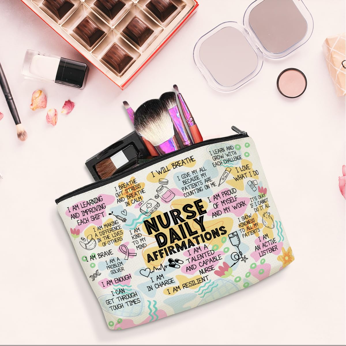 Jeilink Daily Affirmations Makeup Bag for Nurses | Travel Toiletry Bag Gift