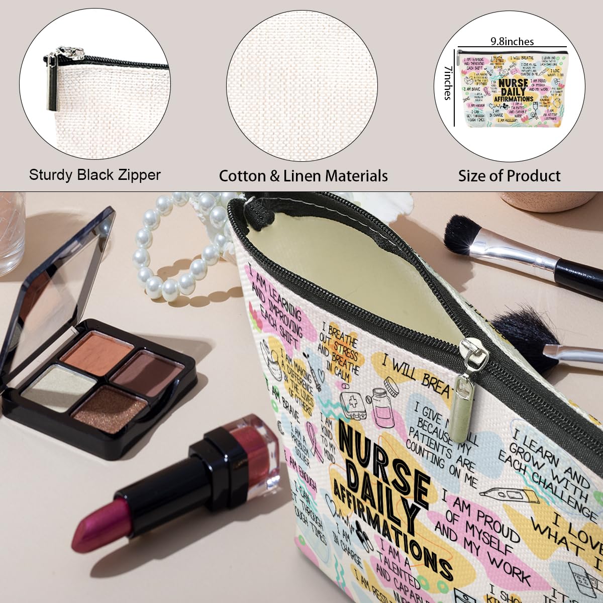 Jeilink Daily Affirmations Makeup Bag for Nurses | Travel Toiletry Bag Gift