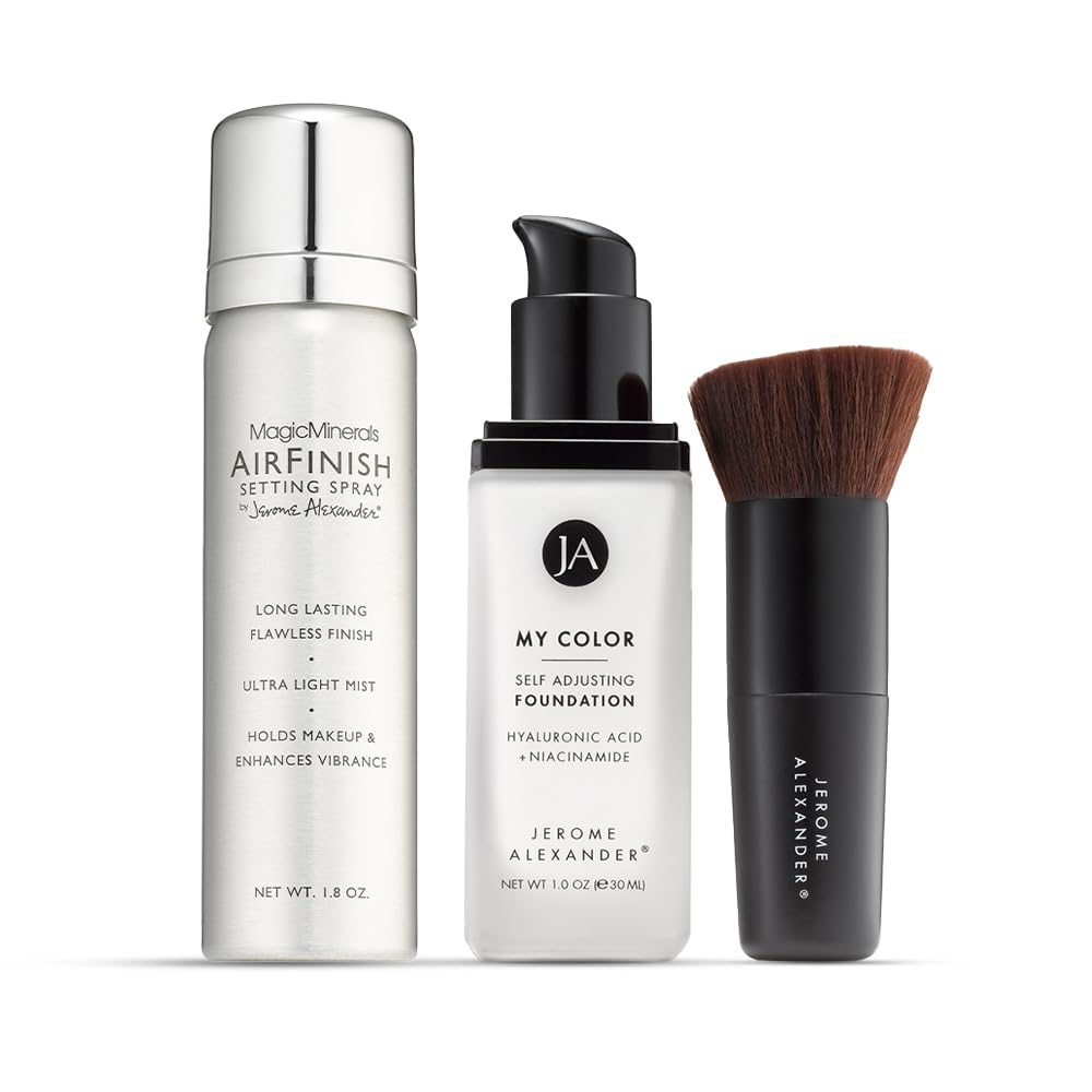 Jerome Alexander My Color 3PC Self-Adjusting Foundation | Full Coverage, Kabuki Brush & AirFinish Setting Spray (Medium)