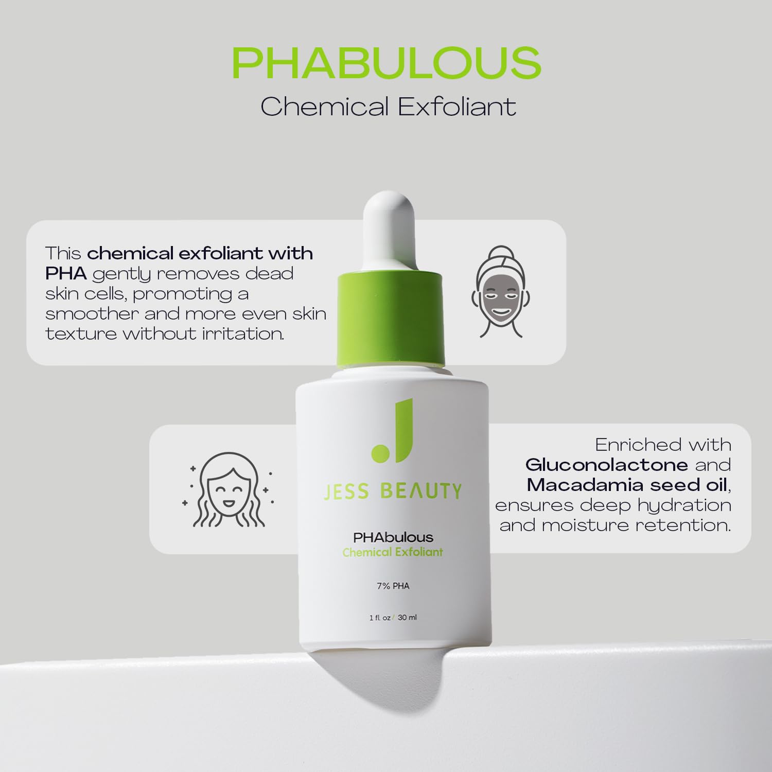 JESS BEAUTY PHAbulous Chemical Exfoliant | Gentle PHA for Sensitive Skin | 1 fl oz