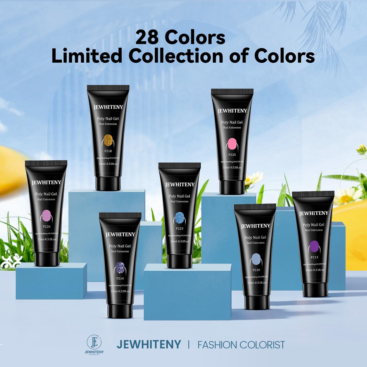 JEWHITENY 28 Colors Poly Nail Gel Set - 15ml Nude Pink Brown Black Grey Blue Yellow Tones for DIY Nail Art & Home Salon