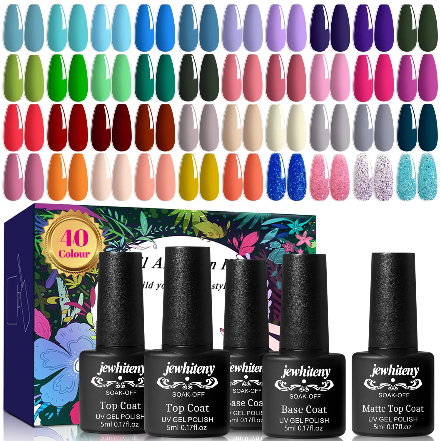 JEWHITENY 45-Pcs Gel Nail Polish Kit – Soak-Off Gel, 40 Colors + Base & Top Coats, Gift for Women