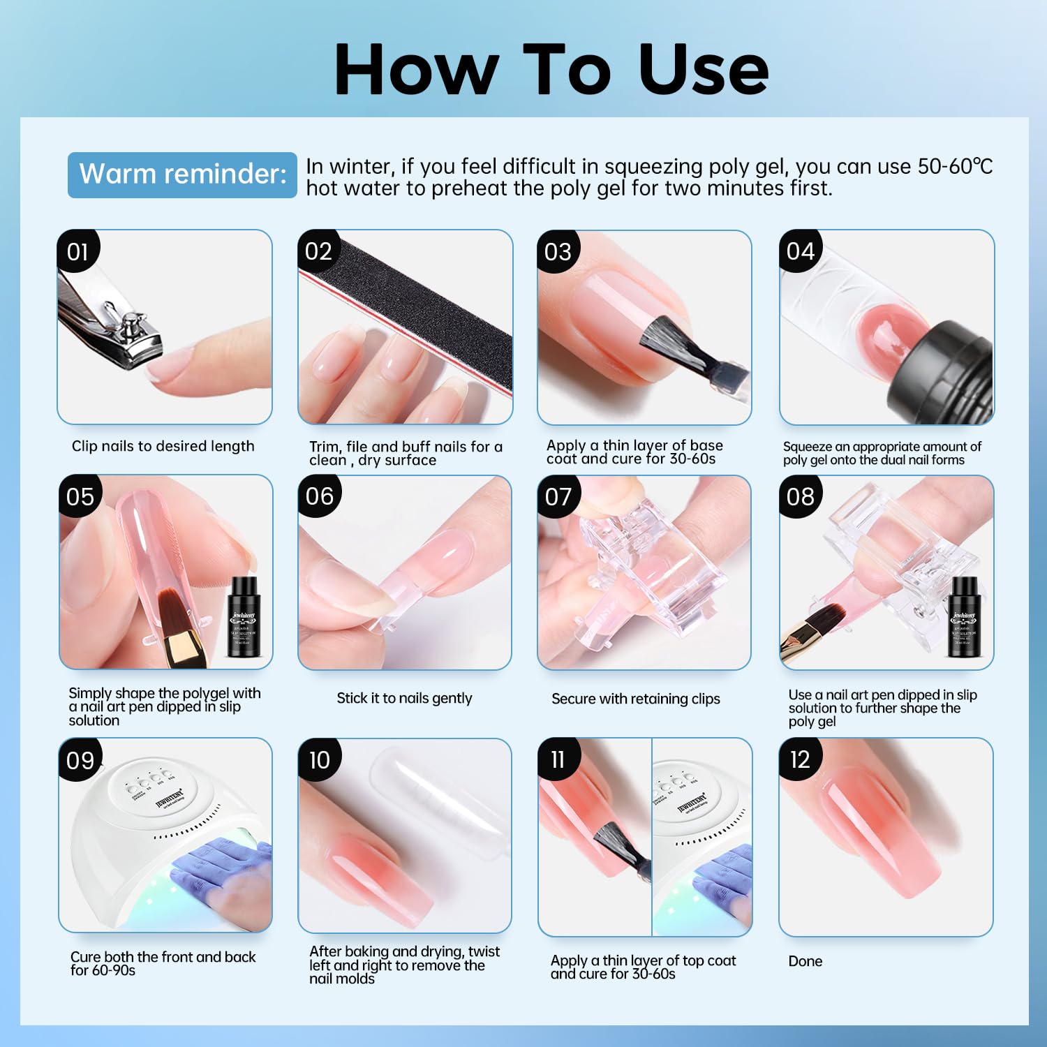 JEWHITENY Poly Nail Gel Kit – 14 Colors, 48W UV/LED Lamp, All-in-One DIY Gel Nails at Home