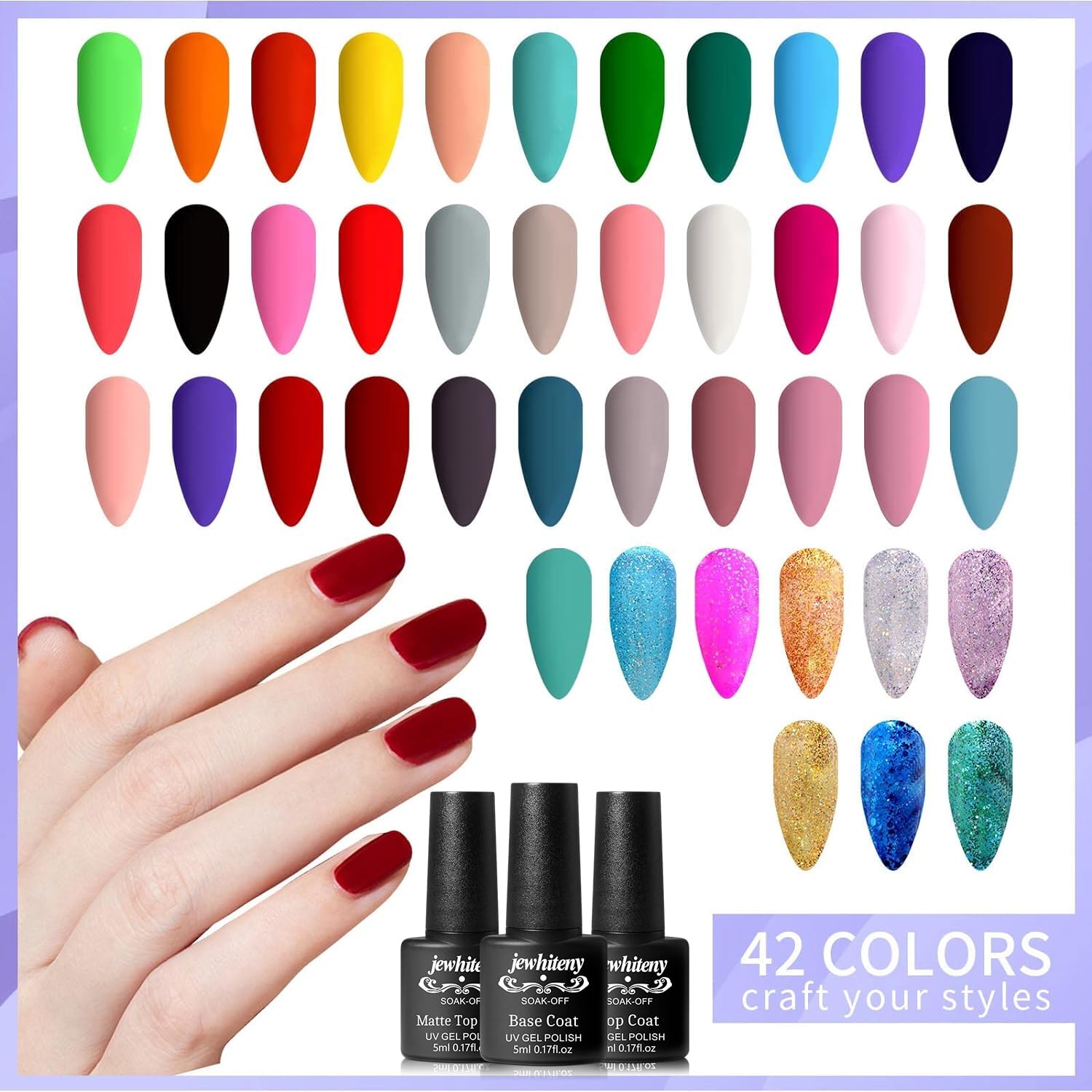 JEWHITENY 45PCS Gel Nail Polish Kit – 42 Colors (5ml) with Base & Top Coats (Soak-Off) Gift Set