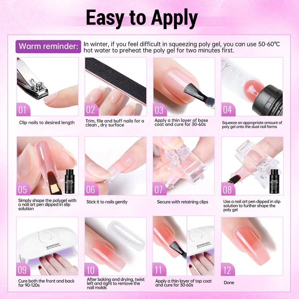JEWHITENY Poly Gel Nail Kit – All-In-One 28-Color Set with UV Lamp, Builder Gel & Top Coats