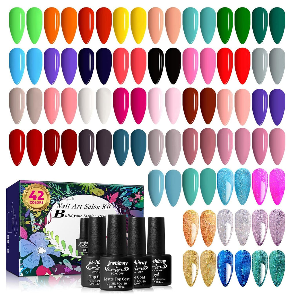 JEWHITENY 45PCS Gel Nail Polish Kit – 42 Colors (5ml) with Base & Top Coats (Soak-Off) Gift Set