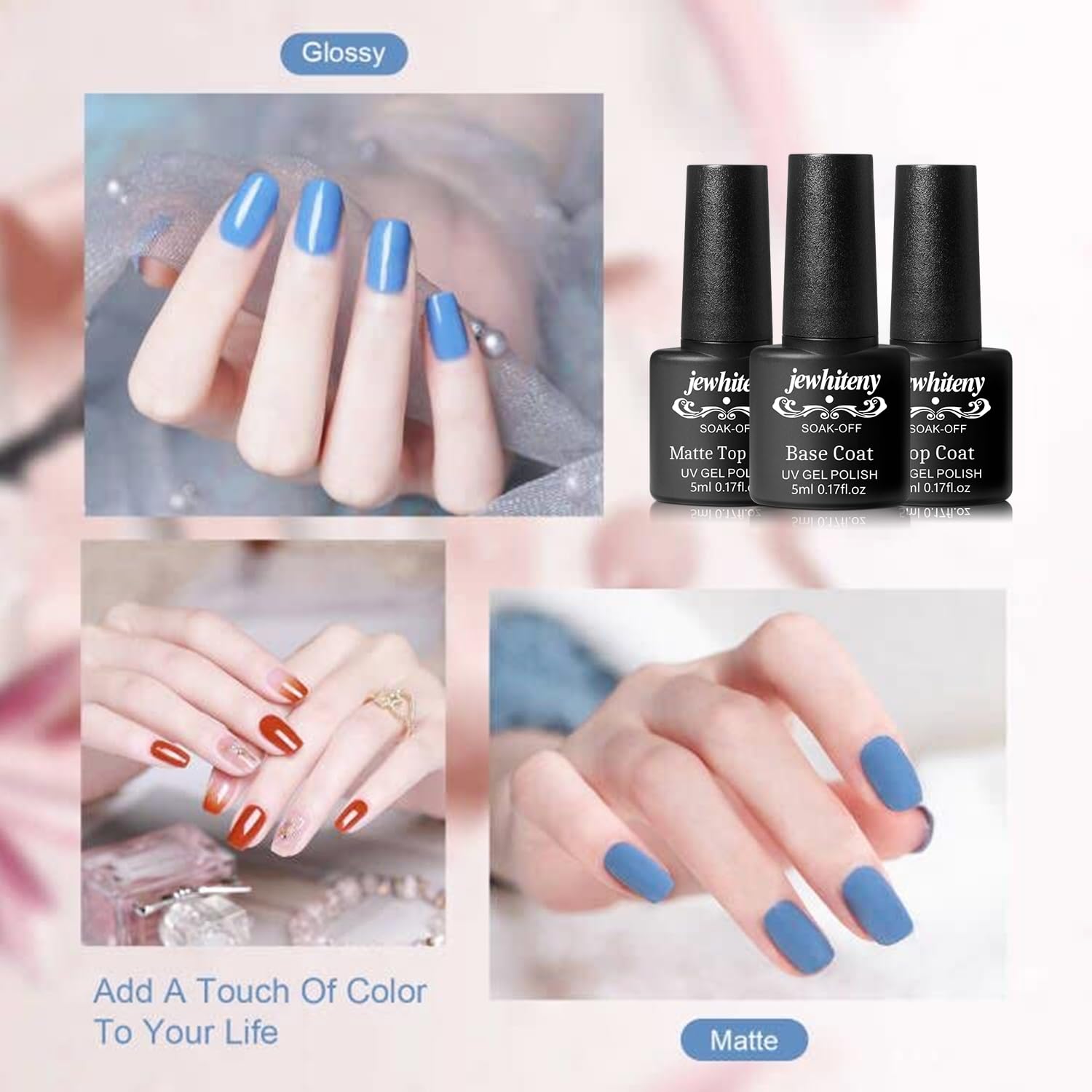 JEWHITENY 45PCS Gel Nail Polish Kit – 42 Colors (5ml) with Base & Top Coats (Soak-Off) Gift Set