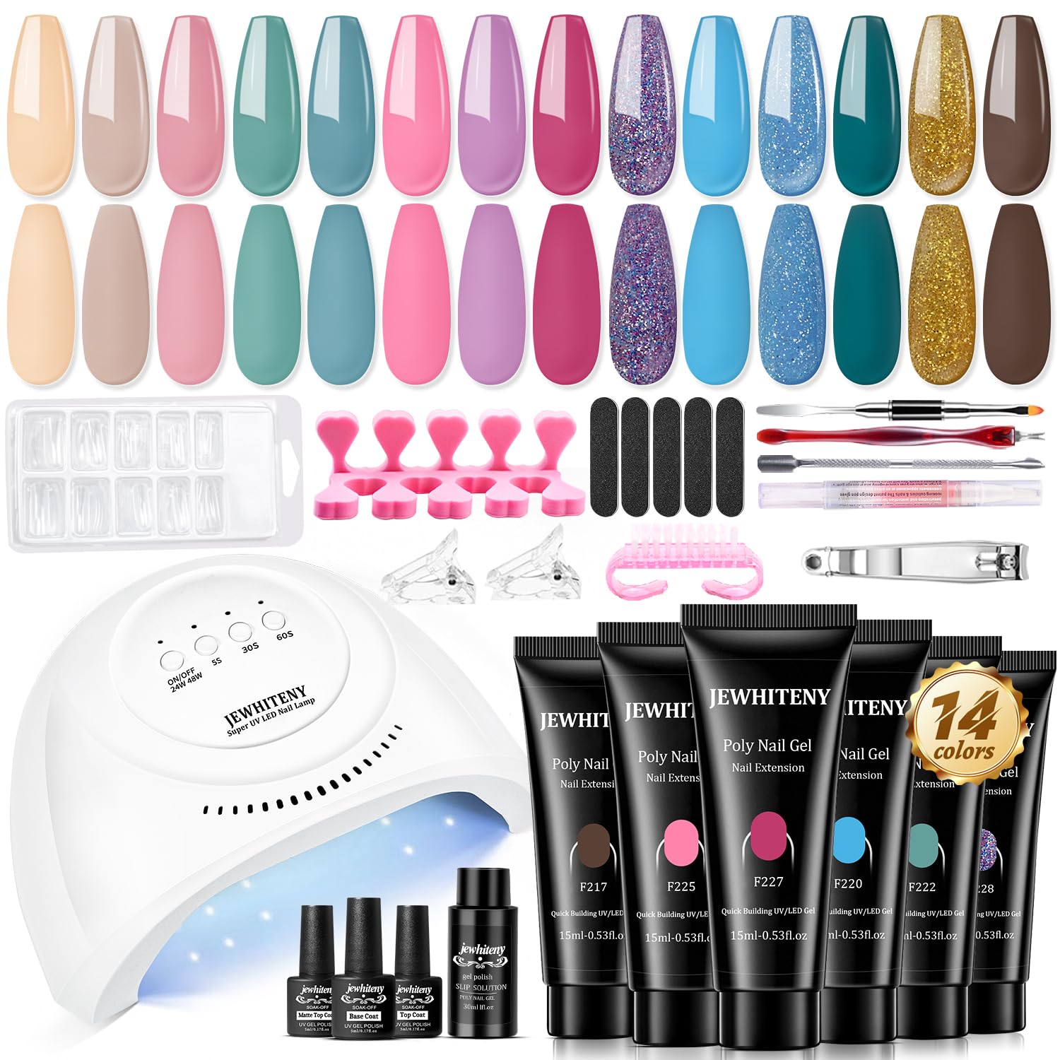 JEWHITENY Poly Gel Nail Kit – 14 Colors, 48W UV Lamp, Base & Top Coats, All-in-One Starter Kit