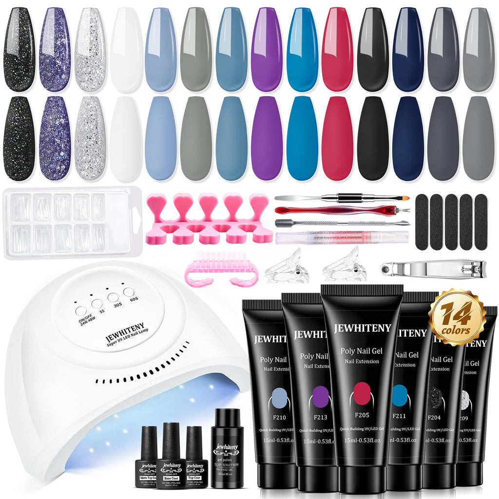 JEWHITENY Poly Nail Gel Kit – 14 Colors, 48W UV/LED Lamp, All-in-One DIY Gel Nails at Home