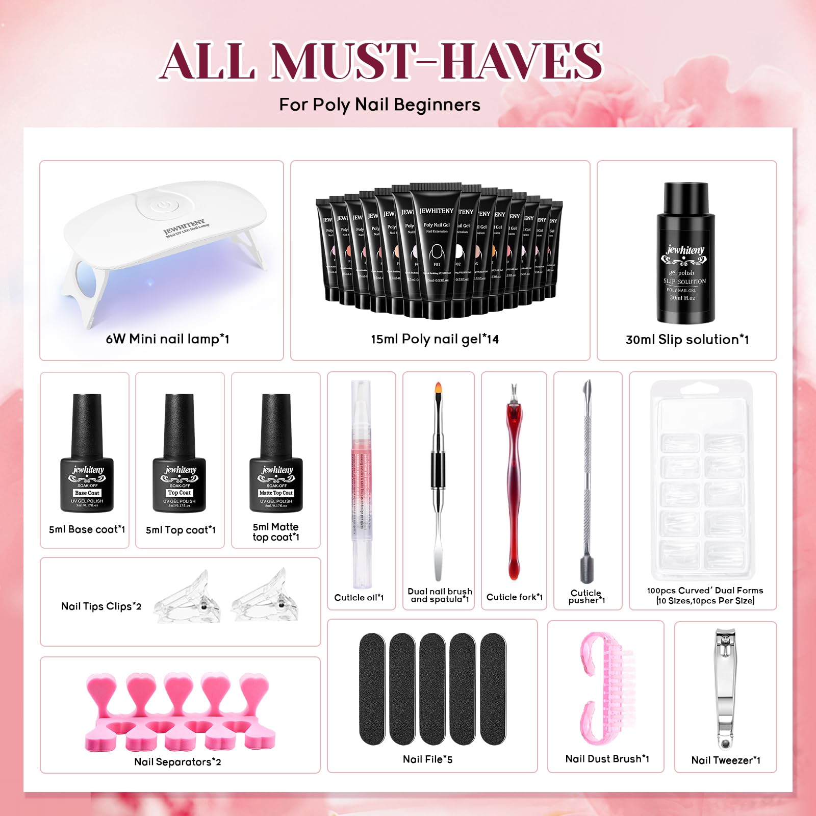 JEWHITENY 14-Piece Poly Nail Gel Kit with LED Lamp – All-in-One Starter Set