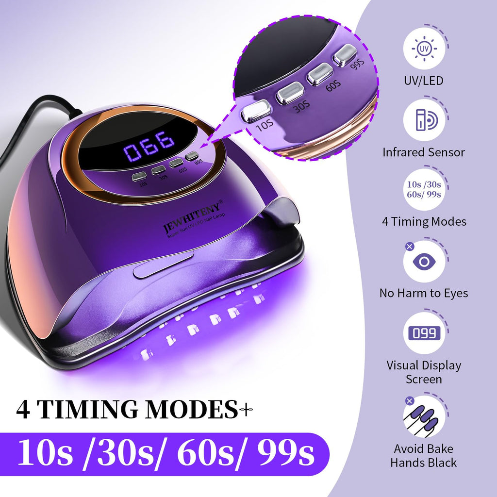 JEWHITENY Purple Fast UV Nail Dryer – 66-Bead Gel Lamp with Auto Sensor & 4 Timers