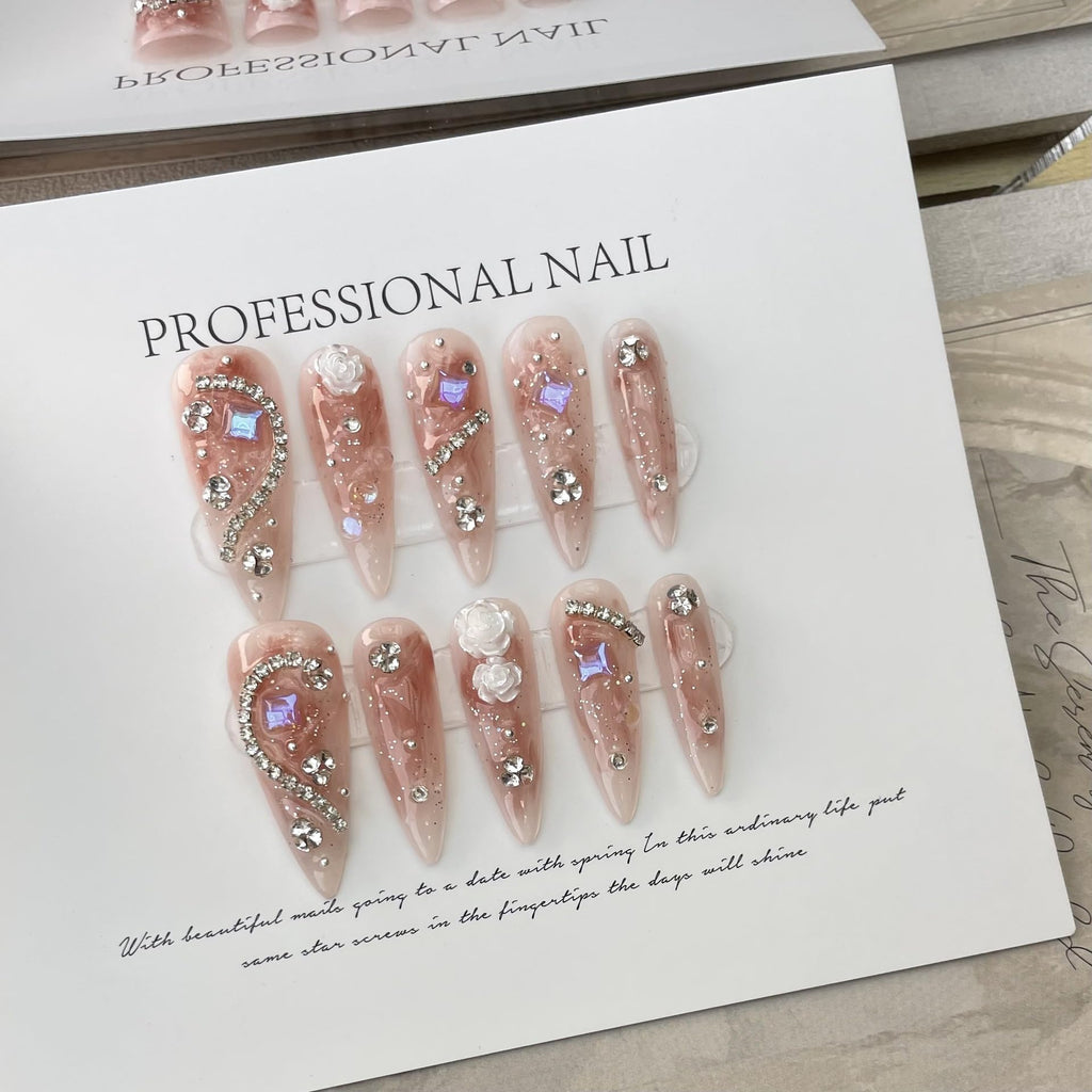 JIEADJIE Press On Nails – 100% Handmade, Long Dripping Blusher (Medium) Luxury Nail Art