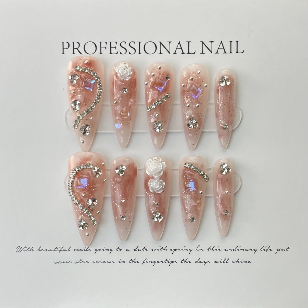 JIEADJIE Press On Nails – 100% Handmade, Long Dripping Blusher (Medium) Luxury Nail Art