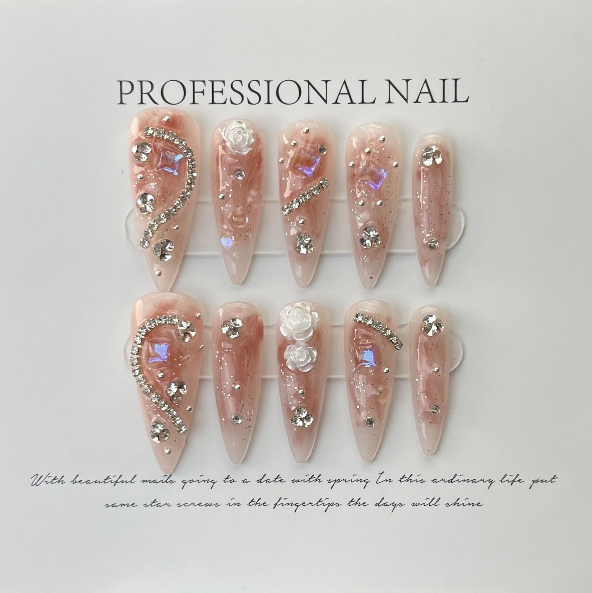 JIEADJIE Press On Nails – 100% Handmade, Long Dripping Blusher (Medium) Luxury Nail Art