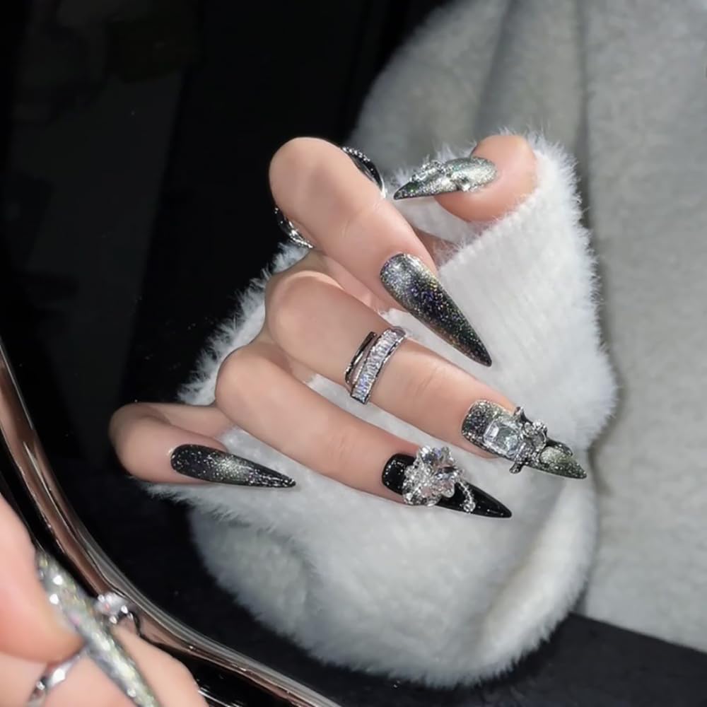 JIEADJIE Press On Nails (100% Handmade) – Length Version | Handmade Painted Nail Art by Nail Technician | Luxury Party & Holiday Styles (Black Flash Silver, Medium)