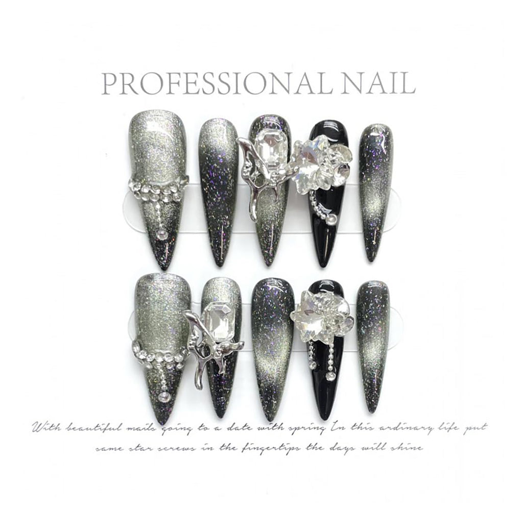 JIEADJIE Press On Nails (100% Handmade) – Length Version | Handmade Painted Nail Art by Nail Technician | Luxury Party & Holiday Styles (Black Flash Silver, Medium)