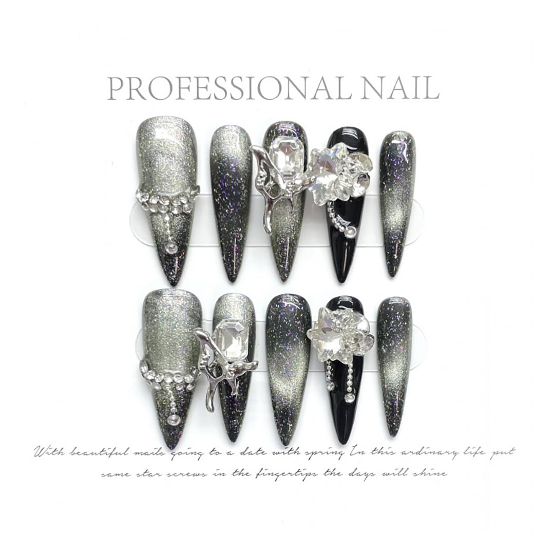 JIEADJIE Press On Nails (100% Handmade) – Length Version | Handmade Painted Nail Art by Nail Technician | Luxury Party & Holiday Styles (Black Flash Silver, Medium)