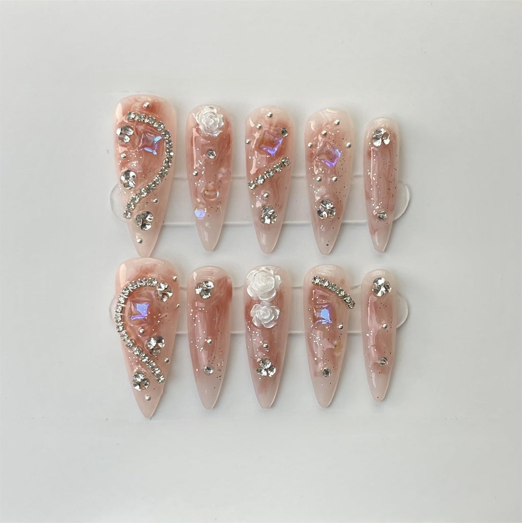 JIEADJIE Press On Nails – 100% Handmade, Long Dripping Blusher (Medium) Luxury Nail Art