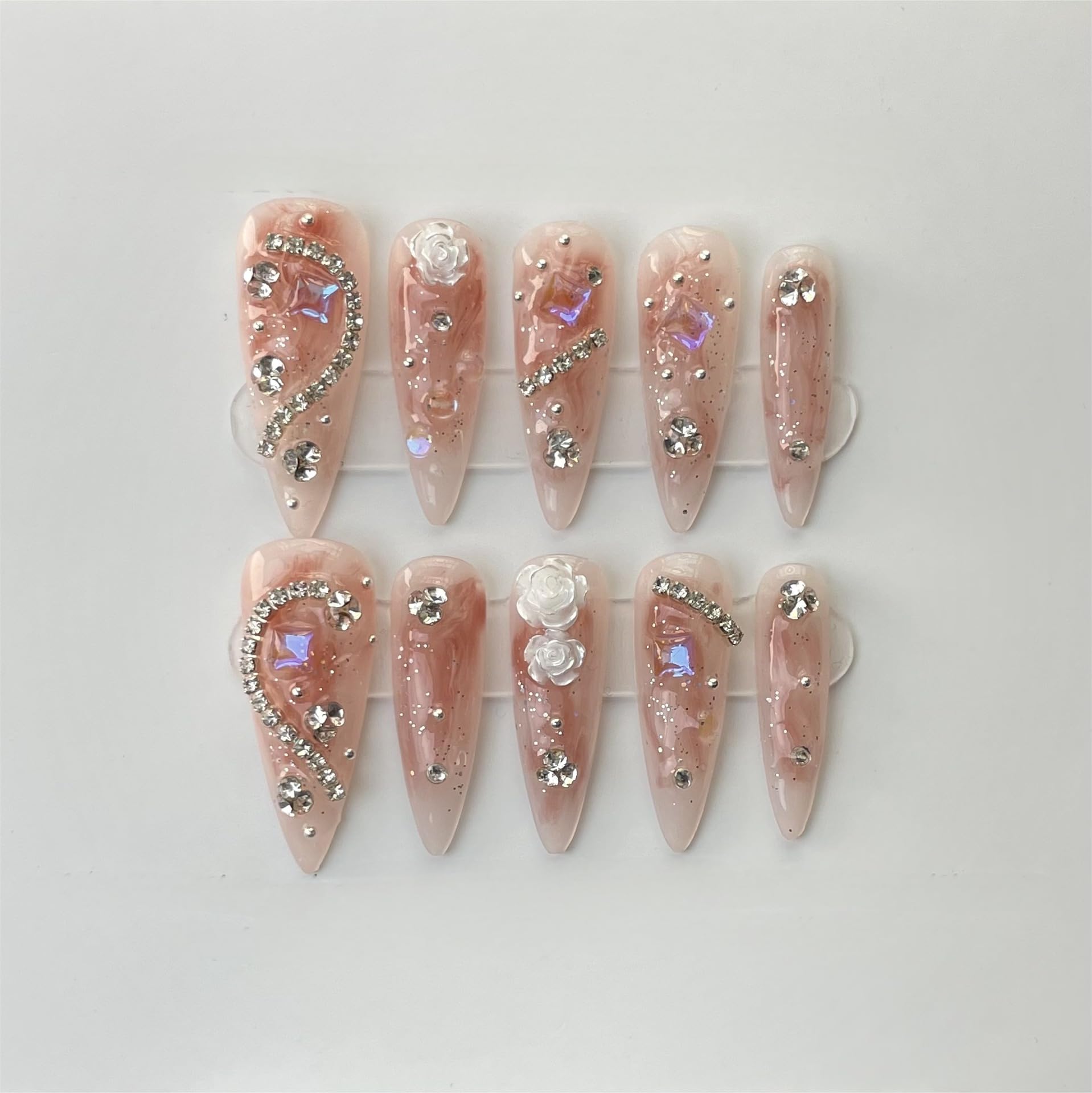 JIEADJIE Press On Nails – 100% Handmade, Long Dripping Blusher (Medium) Luxury Nail Art