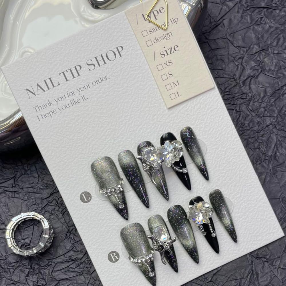 JIEADJIE Press On Nails (100% Handmade) – Length Version | Handmade Painted Nail Art by Nail Technician | Luxury Party & Holiday Styles (Black Flash Silver, Medium)
