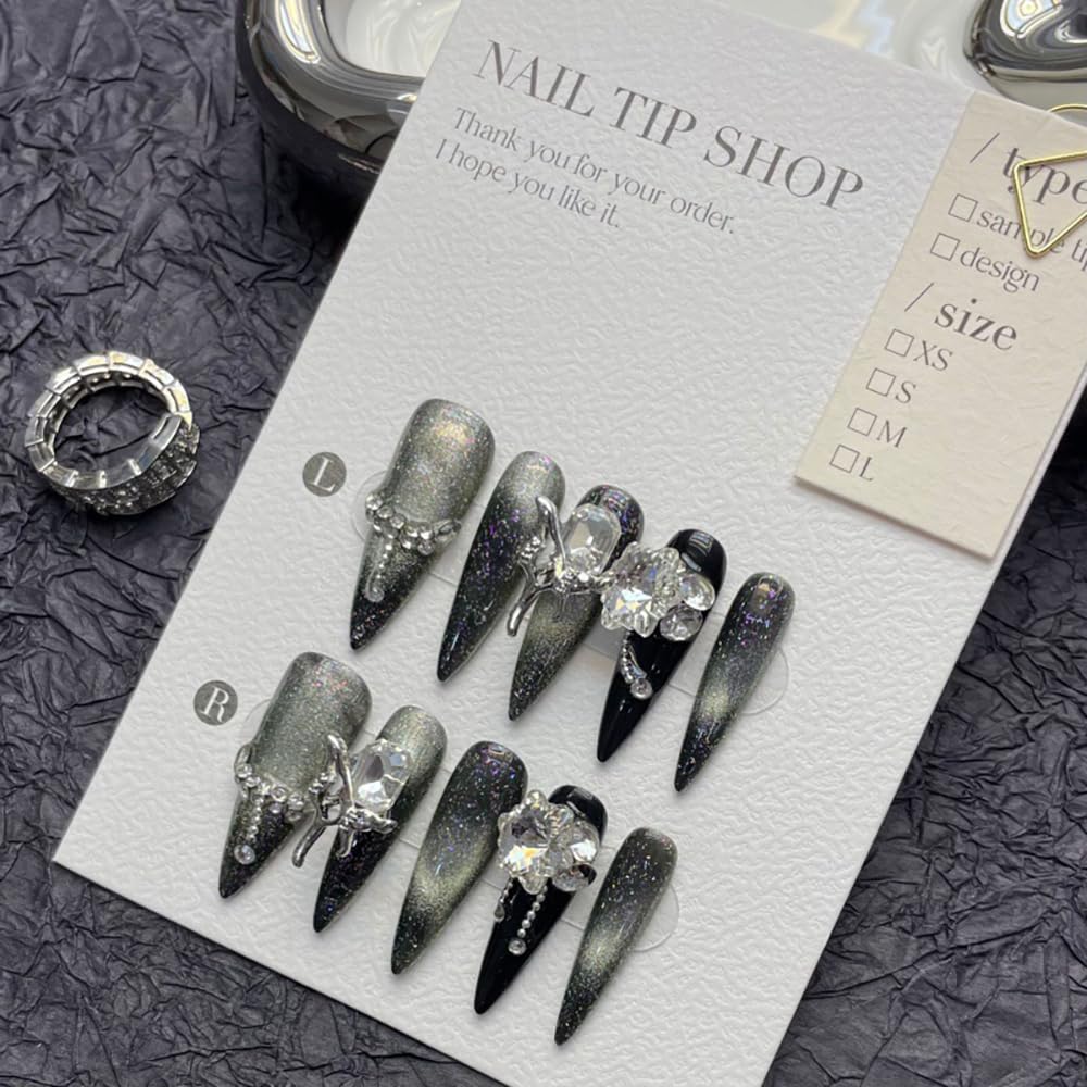 JIEADJIE Press On Nails (100% Handmade) – Length Version | Handmade Painted Nail Art by Nail Technician | Luxury Party & Holiday Styles (Black Flash Silver, Medium)