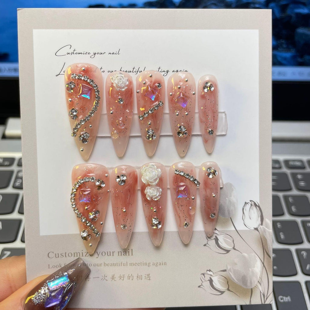 JIEADJIE Press On Nails – 100% Handmade, Long Dripping Blusher (Medium) Luxury Nail Art