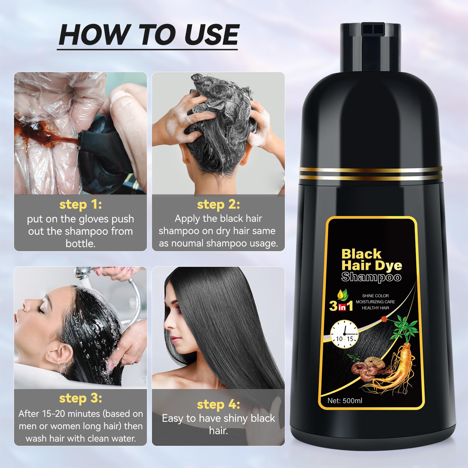 JIESSIA 3 IN 1 Hair Color Shampoo Dye — Semi-Permanent Grey Coverage, Herbal Blend, 16.9 fl oz