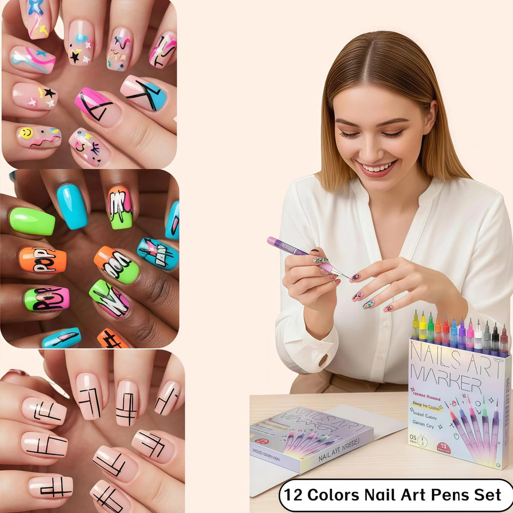 JIJOE Nail Art Pen Set – 12 Quick-Dry Nail Art Pens for Beginners | Adult DIY Manicure Toolkit