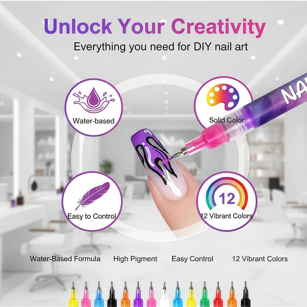 JIJOE Nail Art Pen Set – 12 Quick-Dry Nail Art Pens for Beginners | Adult DIY Manicure Toolkit