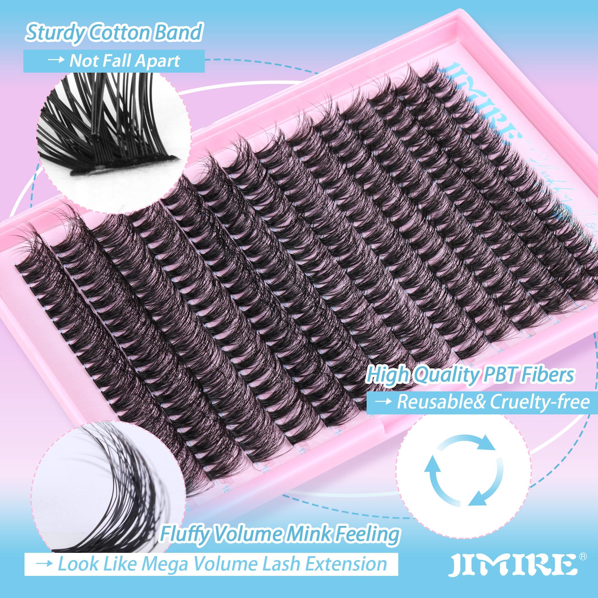 JIMIRE Fluffy Lash Clusters — 50D D Curl Volume Lashes, 9–16mm, 280Pcs, Beginner Friendly