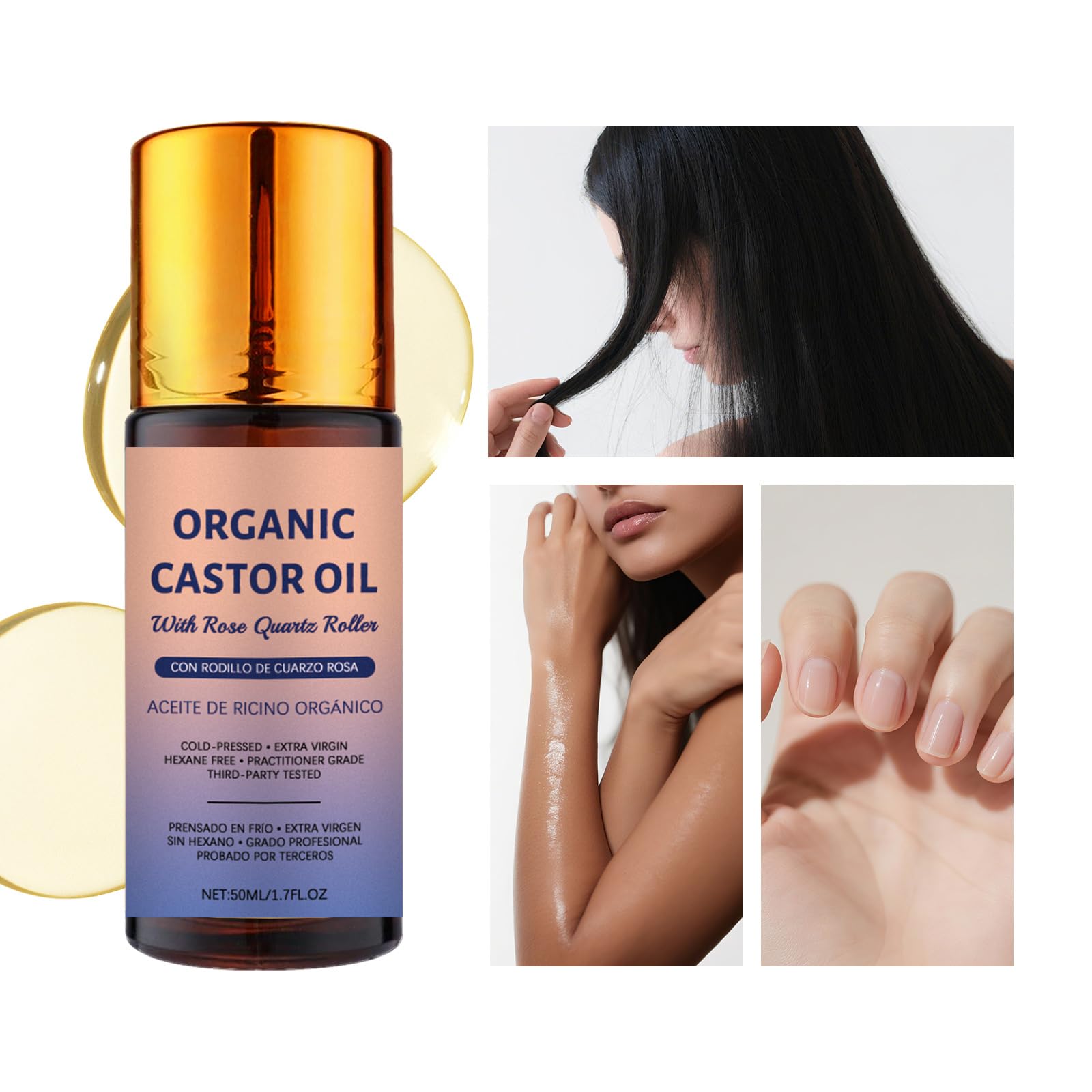 JISKG 2 Pcs Organic Castor Oil with Rose Quartz Roller – Hexane-Free, Cold-Pressed