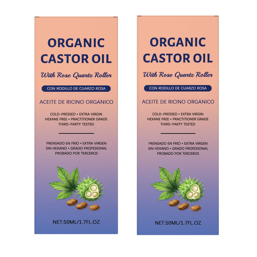 JISKG 2 Pcs Organic Castor Oil with Rose Quartz Roller – Hexane-Free, Cold-Pressed