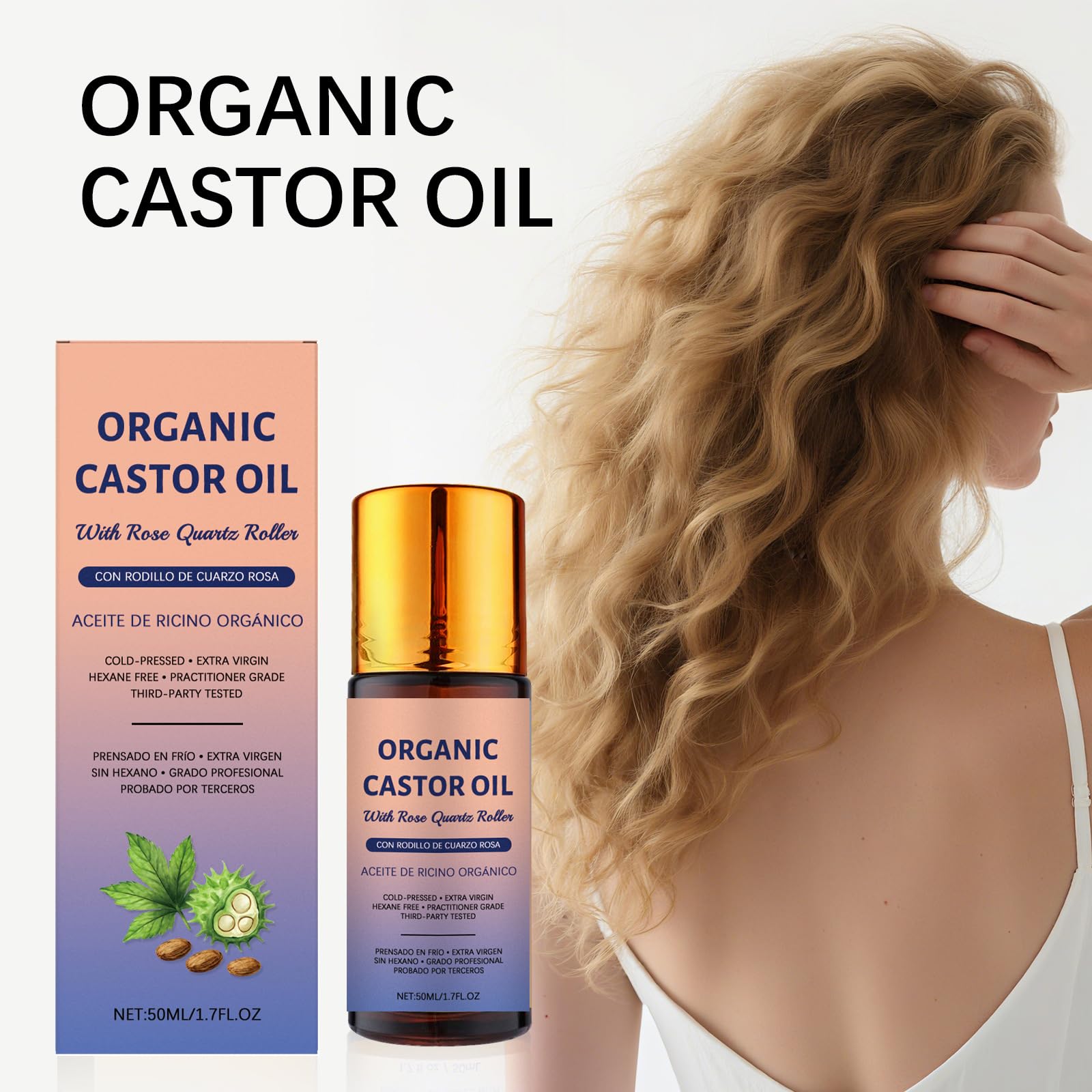 JISKG 2 Pcs Organic Castor Oil with Rose Quartz Roller – Hexane-Free, Cold-Pressed