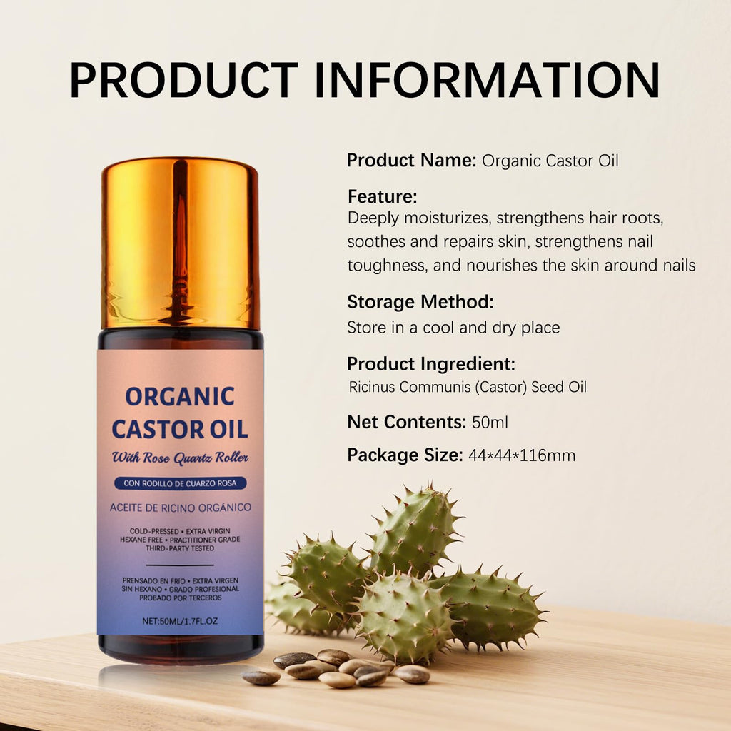 JISKG 2 Pcs Organic Castor Oil with Rose Quartz Roller – Hexane-Free, Cold-Pressed