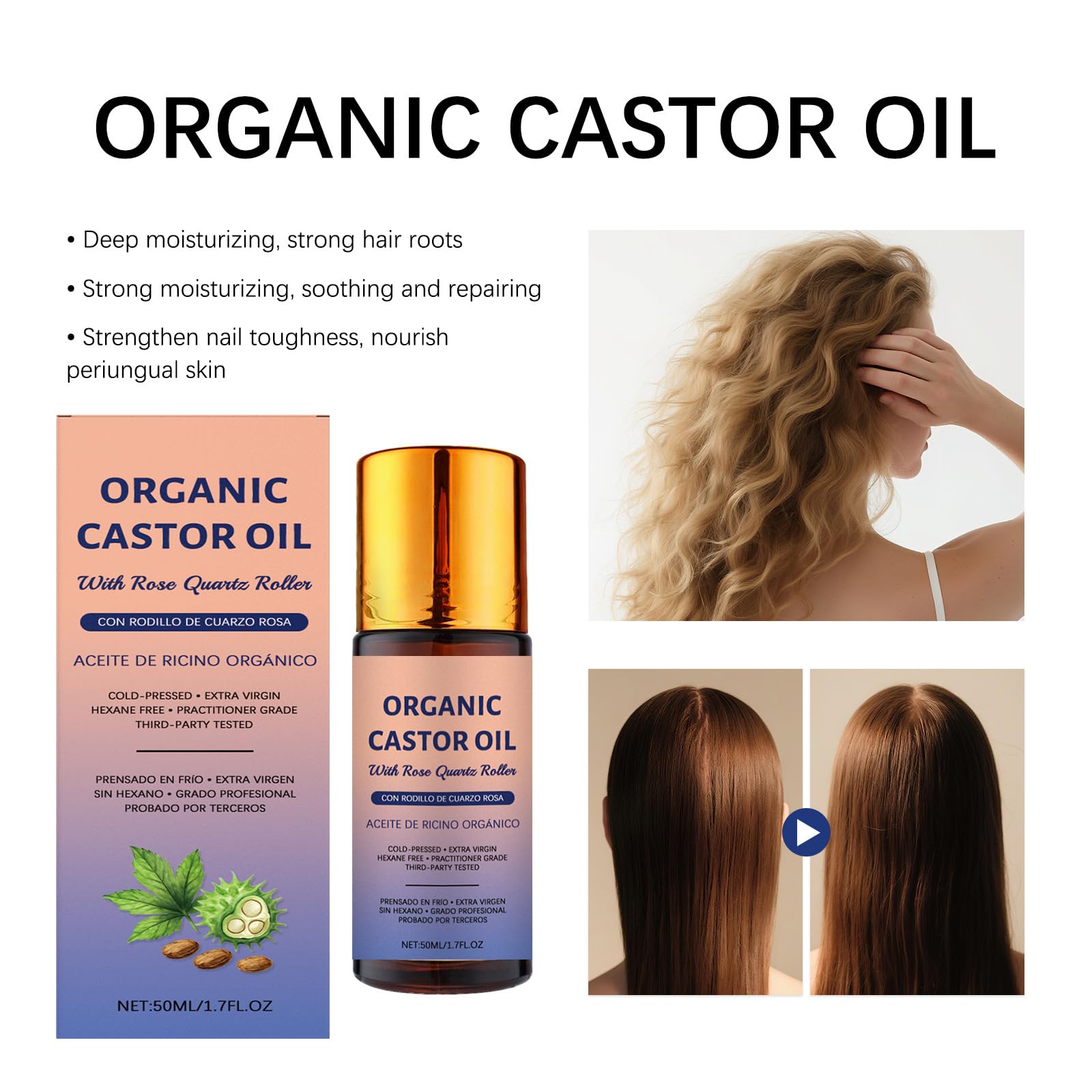 JISKG 2 Pcs Organic Castor Oil with Rose Quartz Roller – Hexane-Free, Cold-Pressed