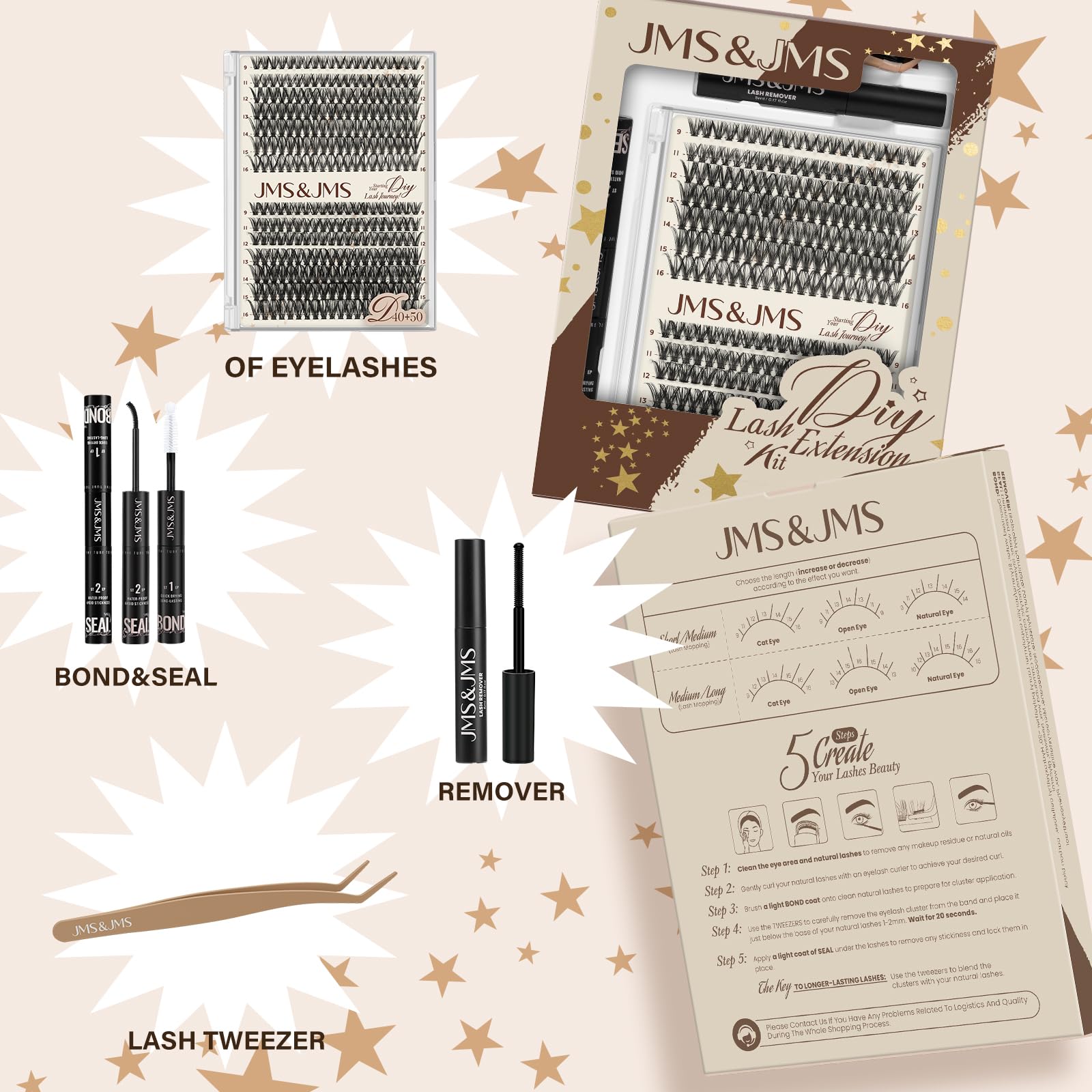 JMS&JMS DIY Lash Extension Kit 40D+50D - 9-16mm Lashes Clusters Bond & Seal