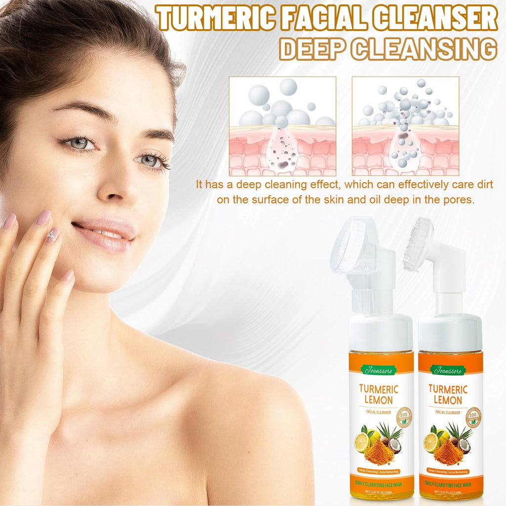 Joanssore 2 Pack Turmeric Lemon Face Wash with Brush – Foaming Cleanser, Vitamin C, Coconut Oil, 150g x2