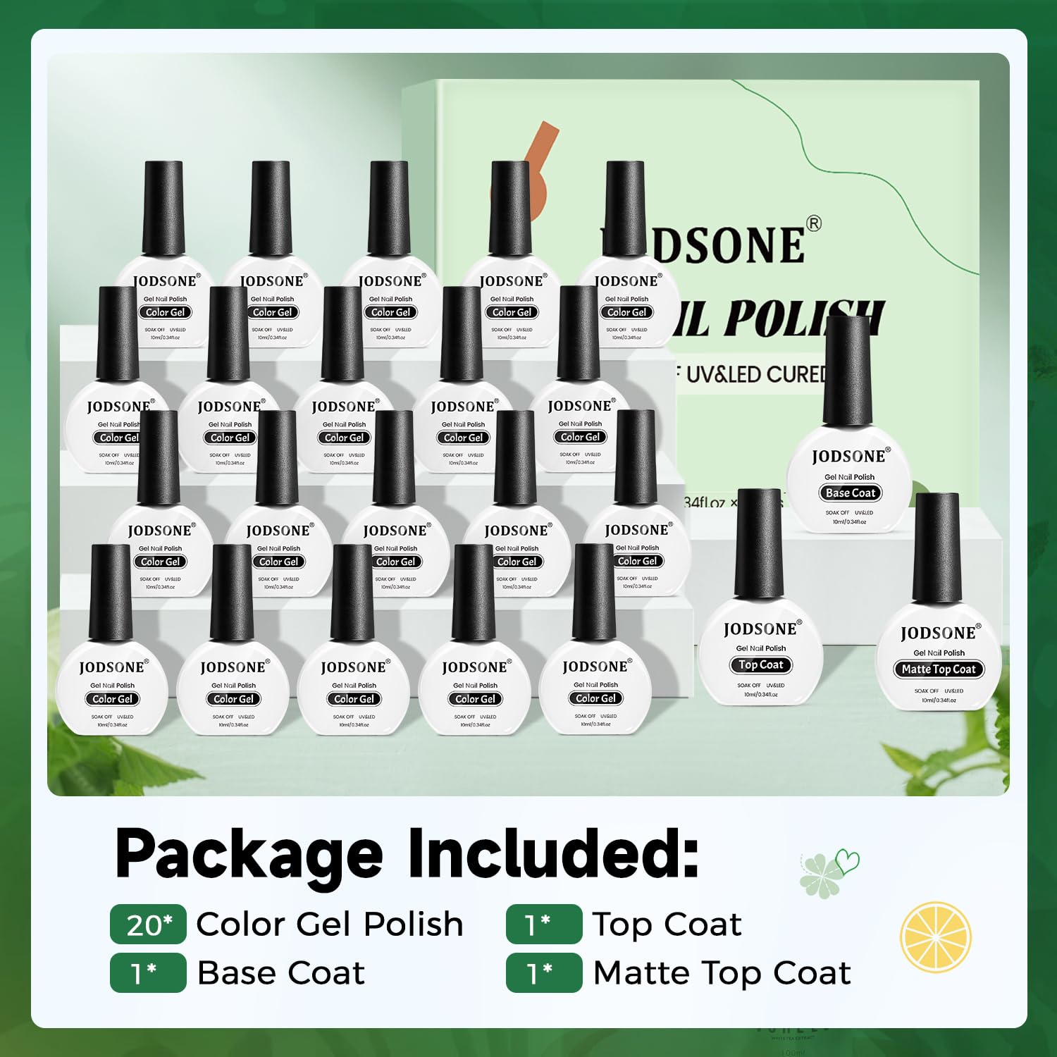 JODSONE Gel Nail Polish – 20-Color Set with Base Coat and Glossy/Matte Top Coats (23 x 10ml) – Pro Nail Kit