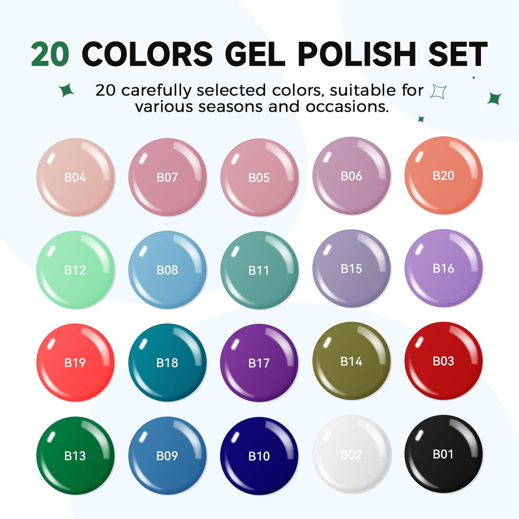 JODSONE Gel Nail Polish – 20-Color Set with Base Coat and Glossy/Matte Top Coats (23 x 10ml) – Pro Nail Kit
